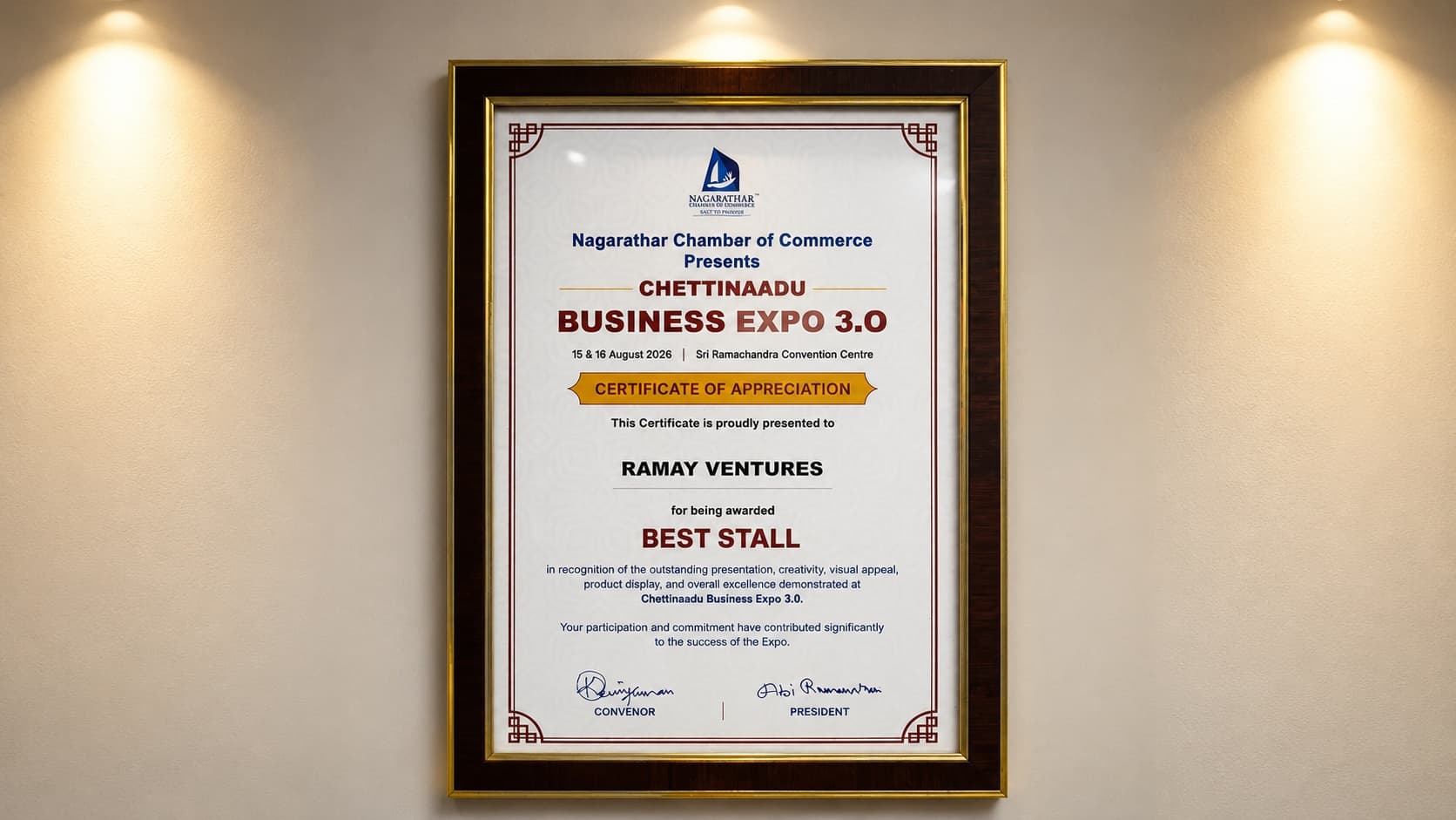 Ramay Ventures stall wins Best Stall Award at Chettinad Business Expo 3.0